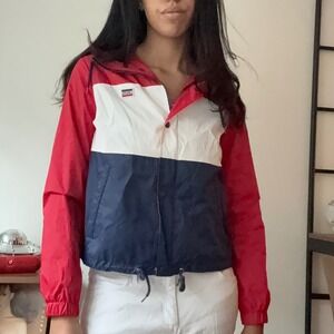 Levi Strauss Co Colorblock Hooded Windbreaker Jacket Red White Blue